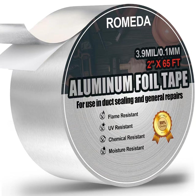 Romeda Aluminum Foil Tape, 2 inch x 65 Feet Foil Tape (3.9 mil), Silver Insulation Adhesive Metal Tape, High Temperature Heavy Duty HVAC Tapes for Ductwork, Dryer Vent, HVAC - Image 1